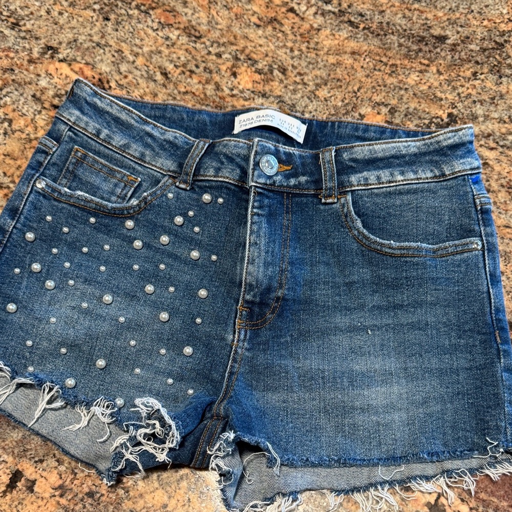 Zara Dark Blue Jean Shorts with Pearls